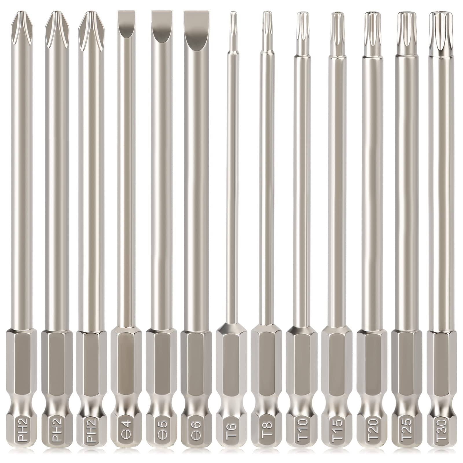 Hakkin Torx Bit Set 13Pcs 100mm Long Torx Phillips Slotted Screwdriver Bits Premium S2 Steel 1/4” Hex Shank Magnetic Long Phillips Cross Head Screwdriver Bits T6 T8 T10 T15 T20 T25 T30 PH2 SL4 SL5 SL6