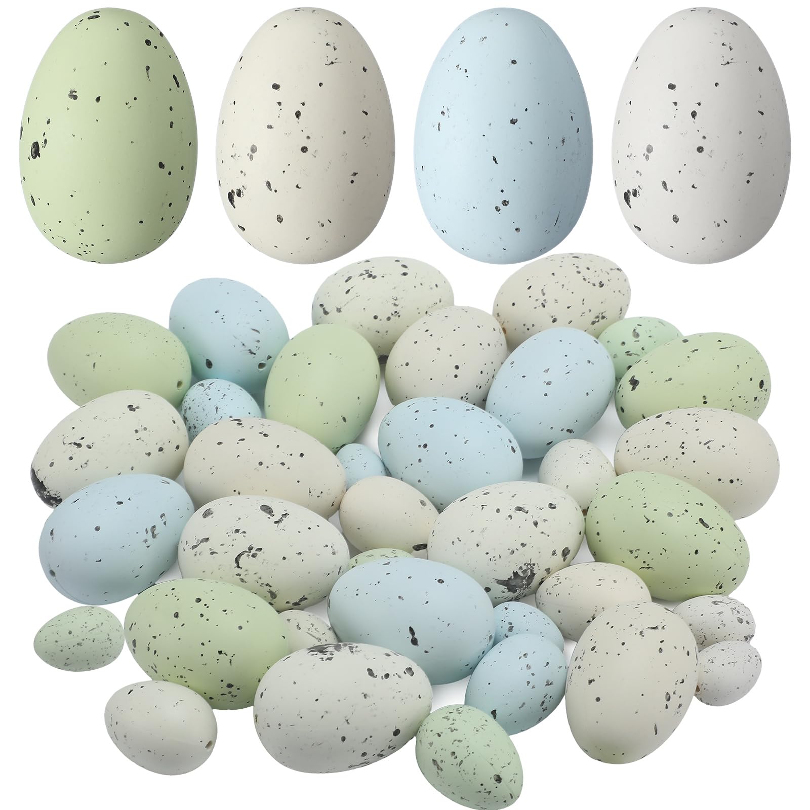 Soulchen 36 Pcs Artificial Bird Eggs Easter Pastel Speckled Eggs Colored Faux Egg for Easter Spring Display DIY Craft Home Bowl Fillers Decoration (Beige, Light Blue, Light Green, White)