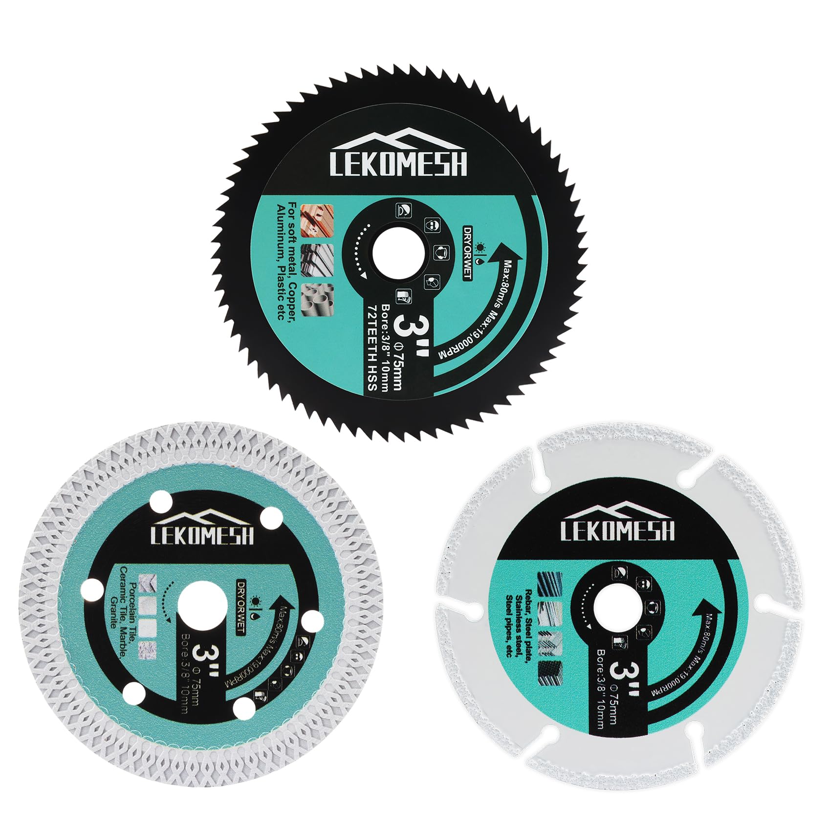 75mm/3" Cutting Disc Set - 3pcs 3/8" (10 mm) Arbor X Mesh/HSS/Metal Cutting Disc for Cutting Porcelain Ceramic Tile,Soft Metal,Rebar,Steel Plate, Cutting Disc,LEKOMESH