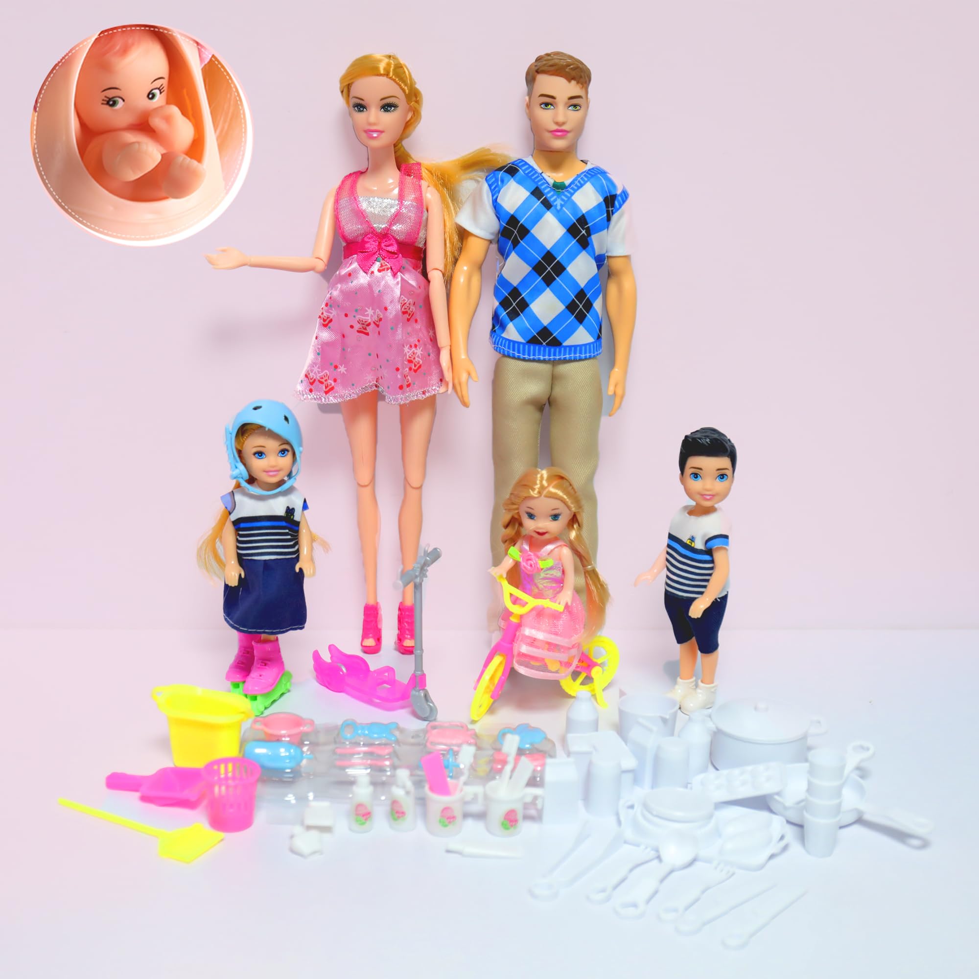 UCanaan Family Dolls Set of 6 People with Dad Pregnant Mom 3 Kids and Baby Boy in Mommy's Tummy and 70 Pcs Accessories for Education and Birthday Day Gift
