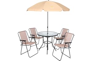 Nice C Patio Dining Set, Set of 6 Garden Outdoor Furniture Set with Tilted Umbrella, 31.5” Round Table, and 4 Folding Chairs (Beige)