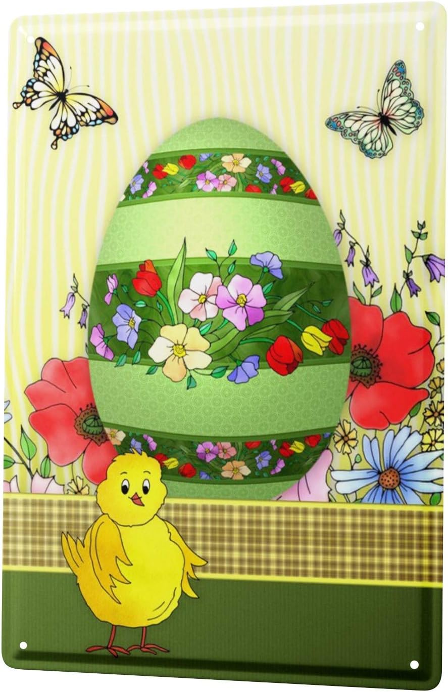 LEotiE SINCE 2004 Nostalgic Tin Sign Metal Plate Decorative Sign Home Decor Plaques Painted Easter Egg with Colorful Flowers Butterflies Chicks Wall Vintage Decoration 8X12