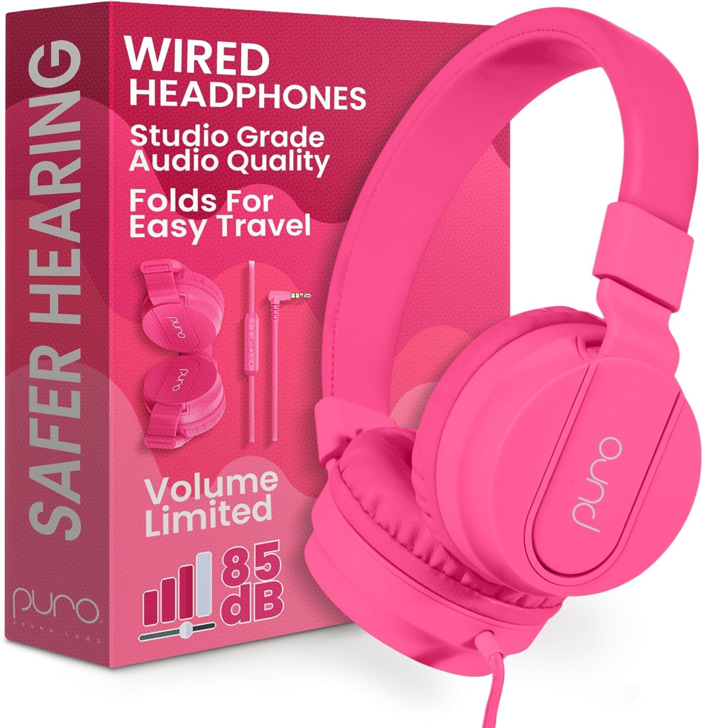 Puro Sound Labs PuroBasic Volume Limiting Wired Headphones for Kids, Foldable and Adjustable Headband with Microphone, Compatible with Smartphones, Tablets and PC - Pink