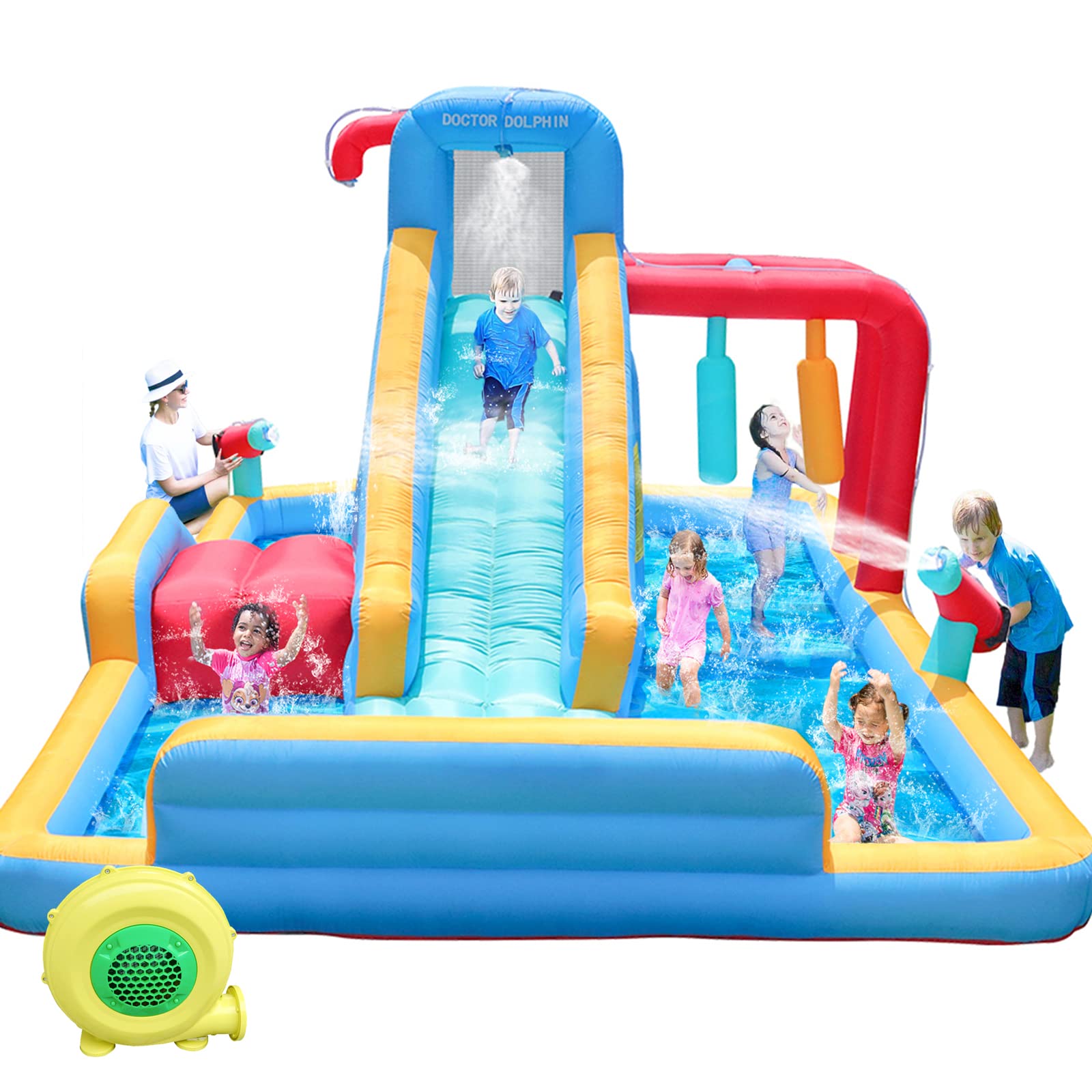 Photo 1 of Doctor Dolphin Inflatable Water Slides, Water Bounce House with Waterslide for Kids, Blow Up Water Park Backyard, Water Slides Outdoor for Wet and Dry(550W Blower Included)