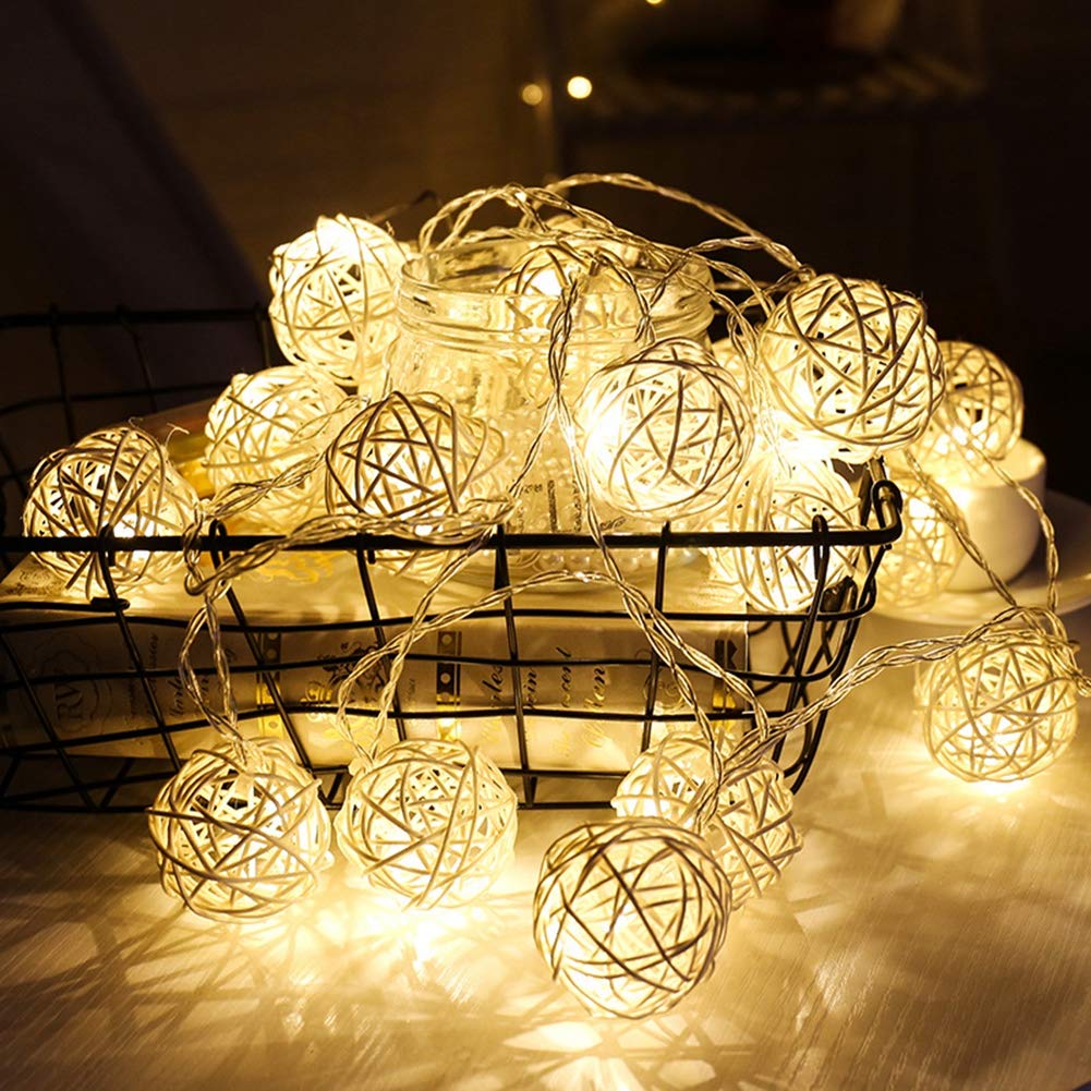 BabyIn 20 Christmas Indoor Rattan Ball Fairy Lights Ambiance Lighting for Bedroom Life, Wedding, Christmas, Party, Home (Warm White)