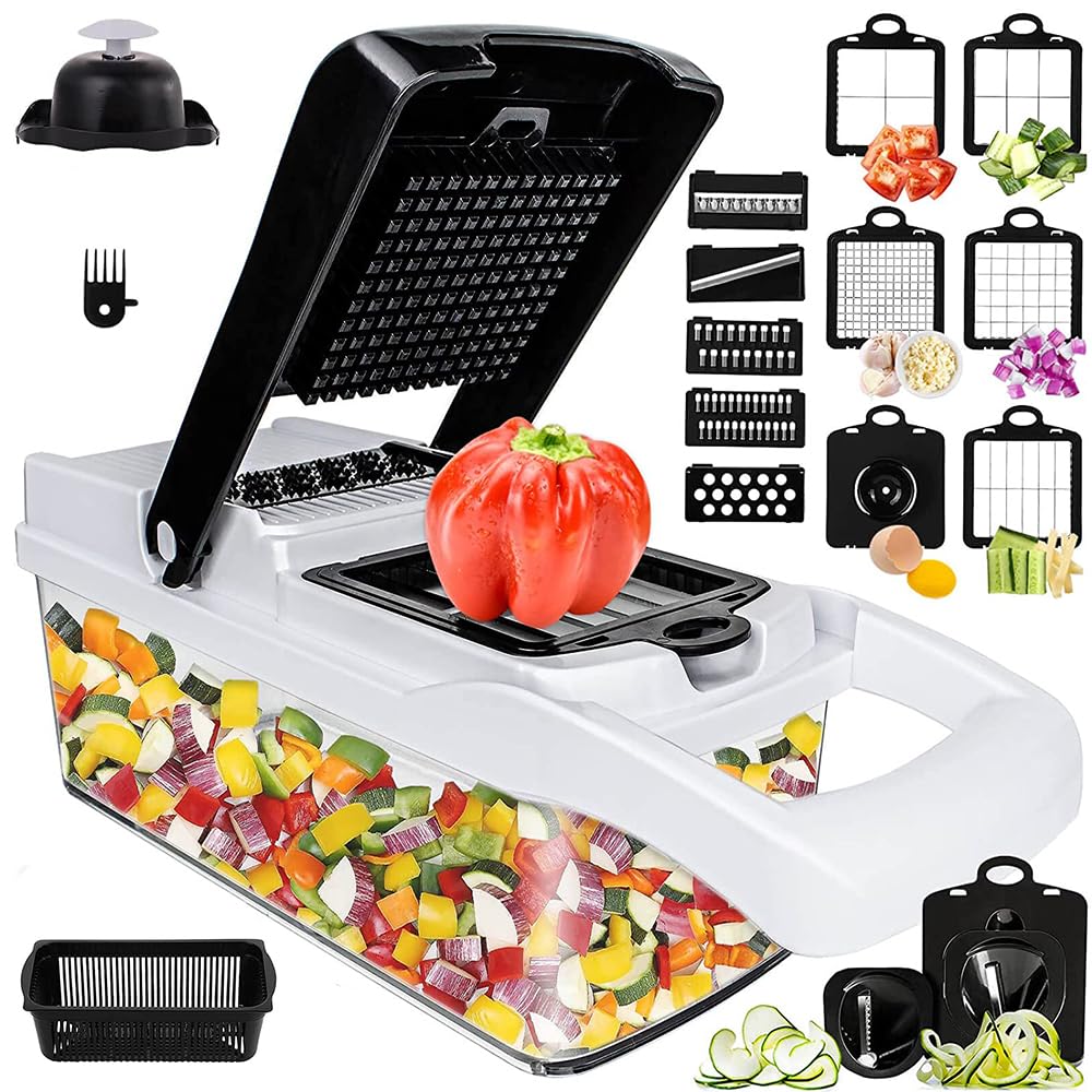 SGAONSN 22 in 1 Vegetable Chopper, Kitchen Mandoline with 1.2L Container & Draining Basket,Vegetable Chopper Onion Chopper & Dicer |Spiralizer, Lemon Squeezer, Egg Seperator- Ultimate Kitchen Gadget