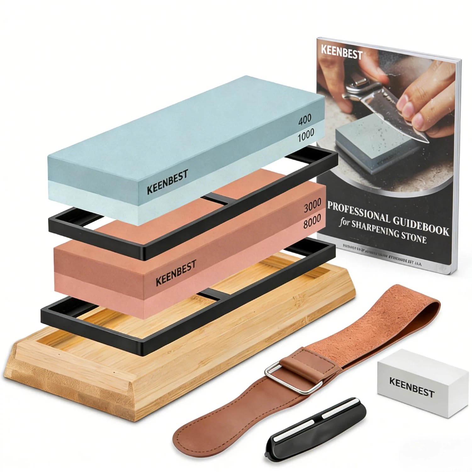 KEENBEST Actual Grit Premium Material Sharpening Stone Set 400 1000 3000 8000 Whetstone Japanese Knife Sharpener Stone Wetstones for Sharpening Knives Wet Stone Red