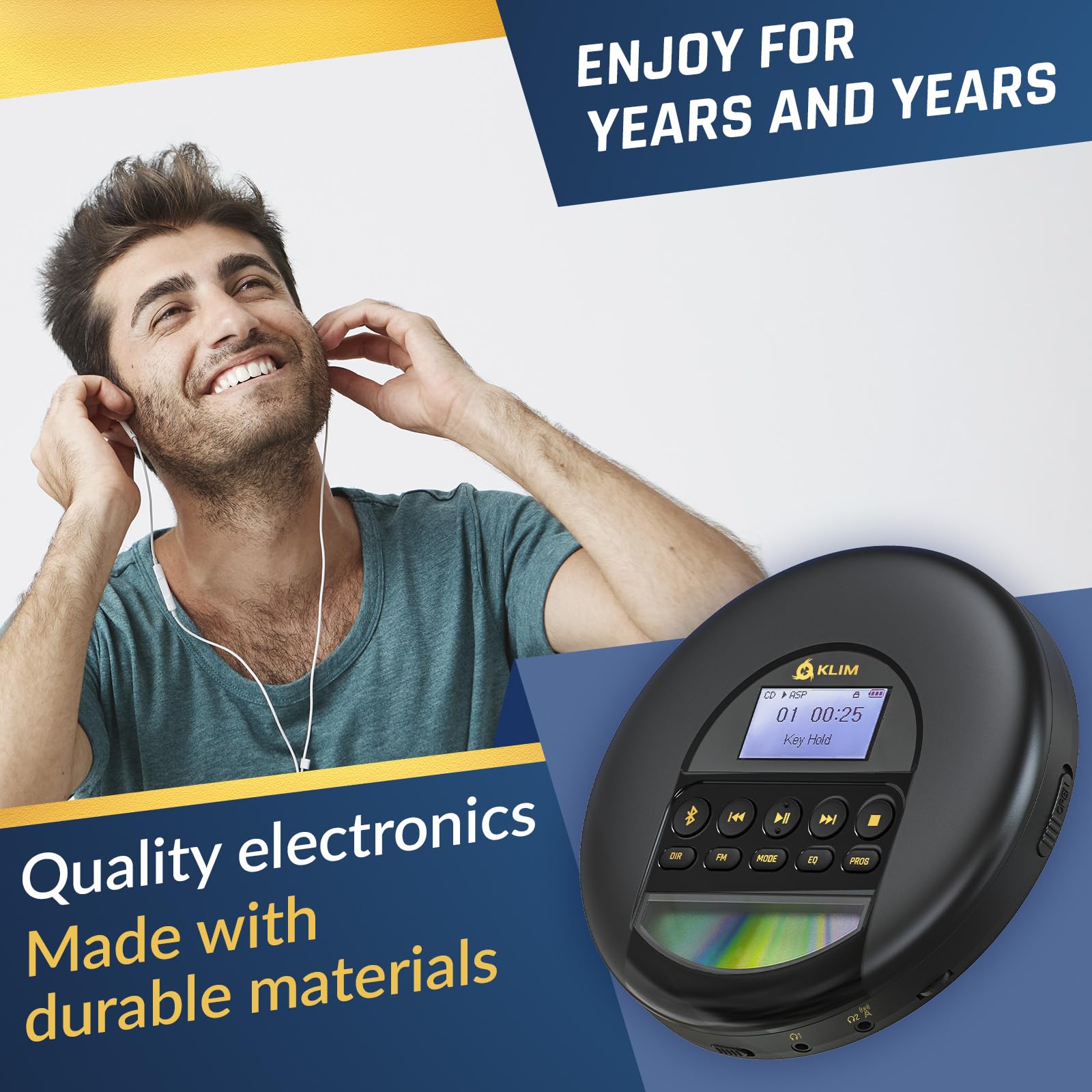 KLIM Nomad - New - Portable CD Player Walkman with Long-Lasting Battery - with Headphones - Radio FM - Compatible MP3 CD Player Portable - TF Card Radio FM Bluetooth - Ideal for Cars - Gold