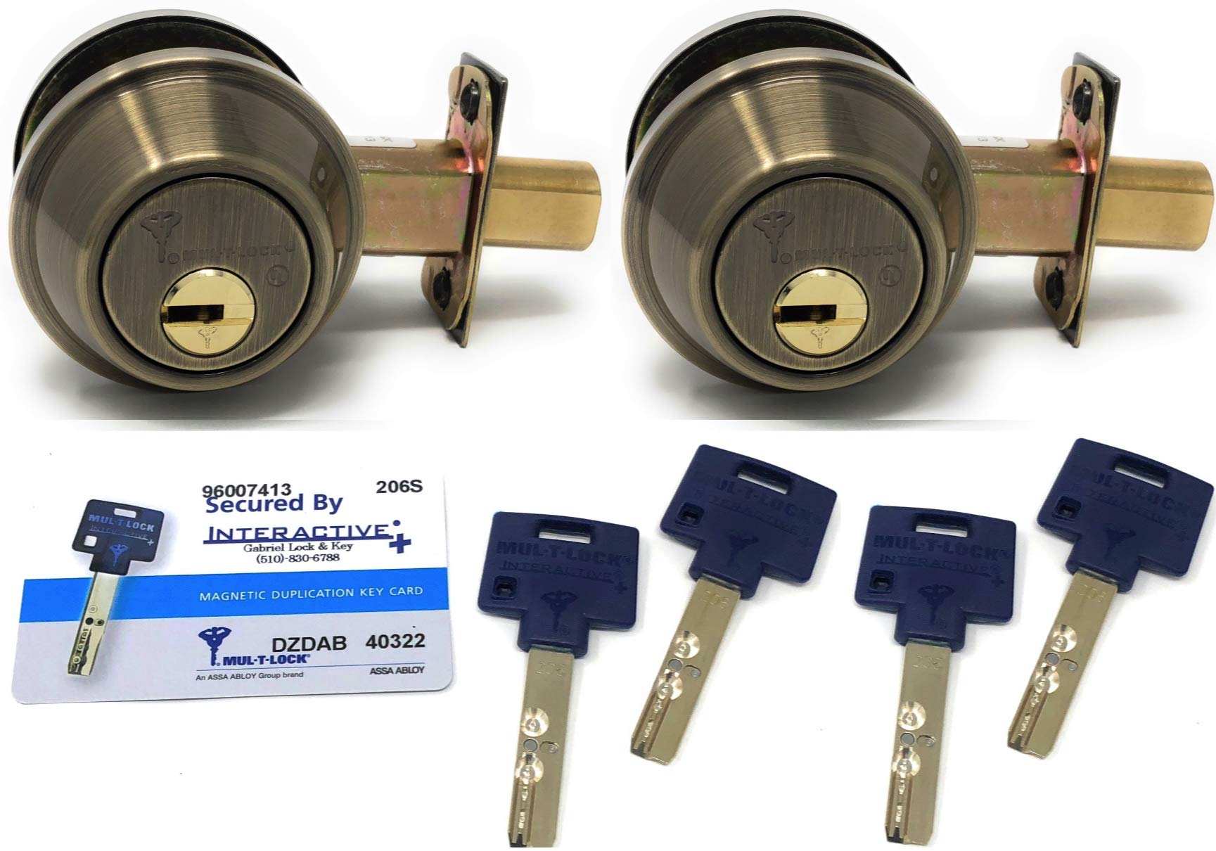 Mul-T-Lock Interactive+ Cronus High Security Grade 2 Single Cylinder Dead-Bolt w/Thumb Turn. Commercial or Residential Metal or Wood Doors (8) Antique Brass - Two Keyed Alike)