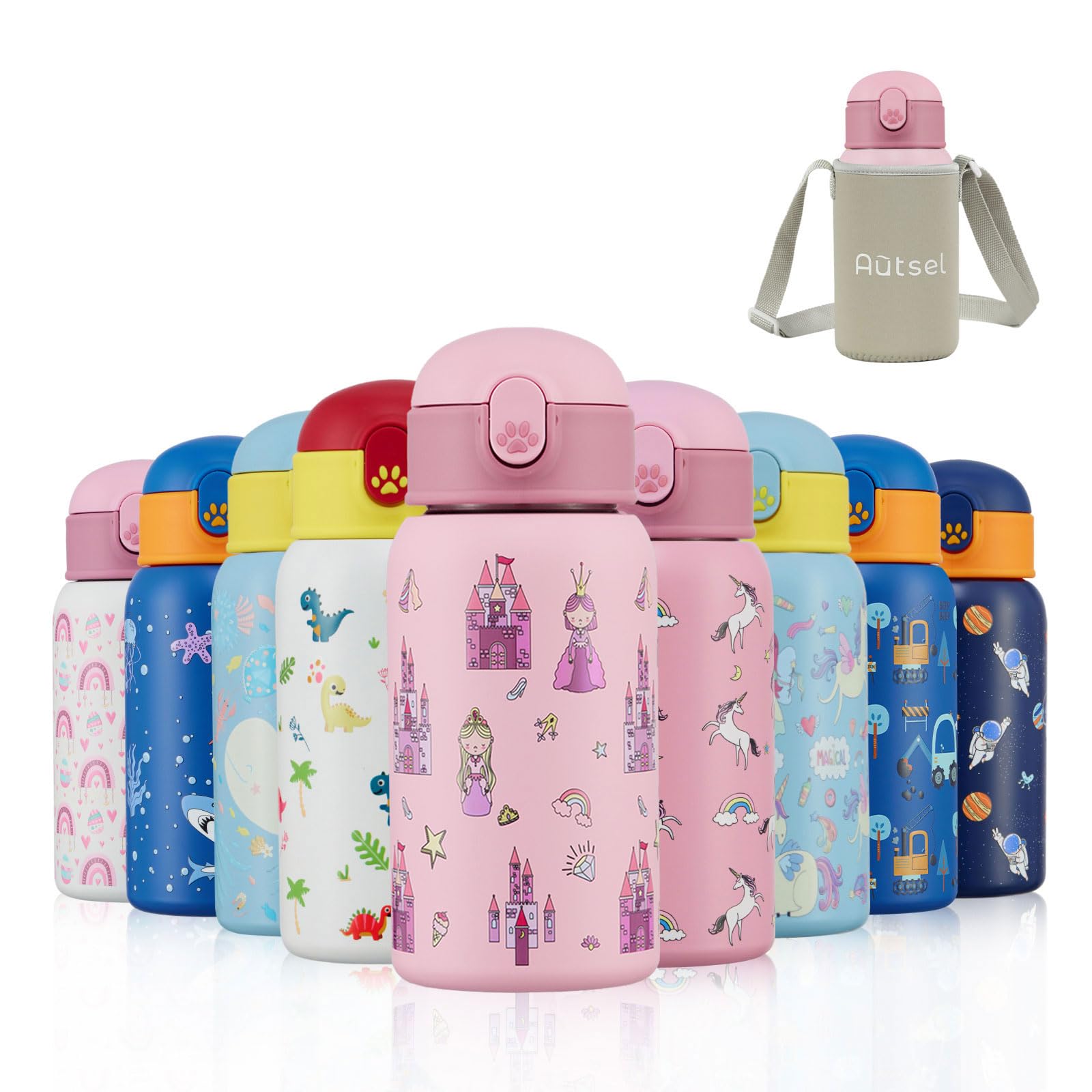 Autsel Kids Water Bottles with Straw 500ml, Childrens Insulated Water Bottle Stainless Steel BPA-Free, Kids Metal Water Bottle for Girls/Boys, Keep Hot/Cold