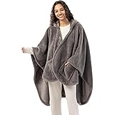 Berkshire Faux Fur Wearable Blanket, Cozy Reversible Loftmink Fleece Shawl with Hood & Side Pockets