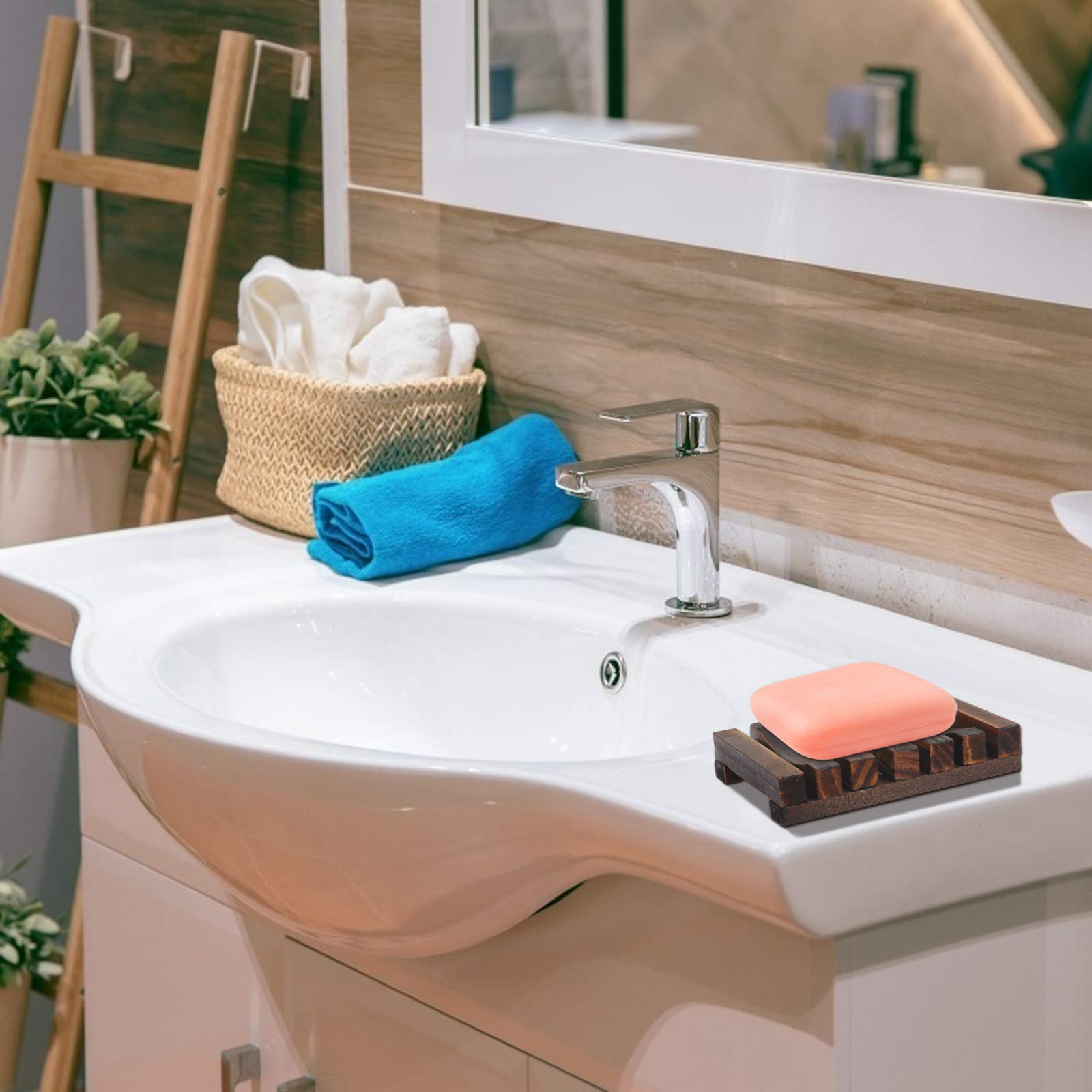 TAZEMAT 2pcs Wooden Soap Dish and 2pcs Natural Soap Bags with Drawstring Flax Linen Sisal Soap Pouch Bamboo Soap Holder Box Container Saver Tray Plate for Bathroom Kitchen Shower