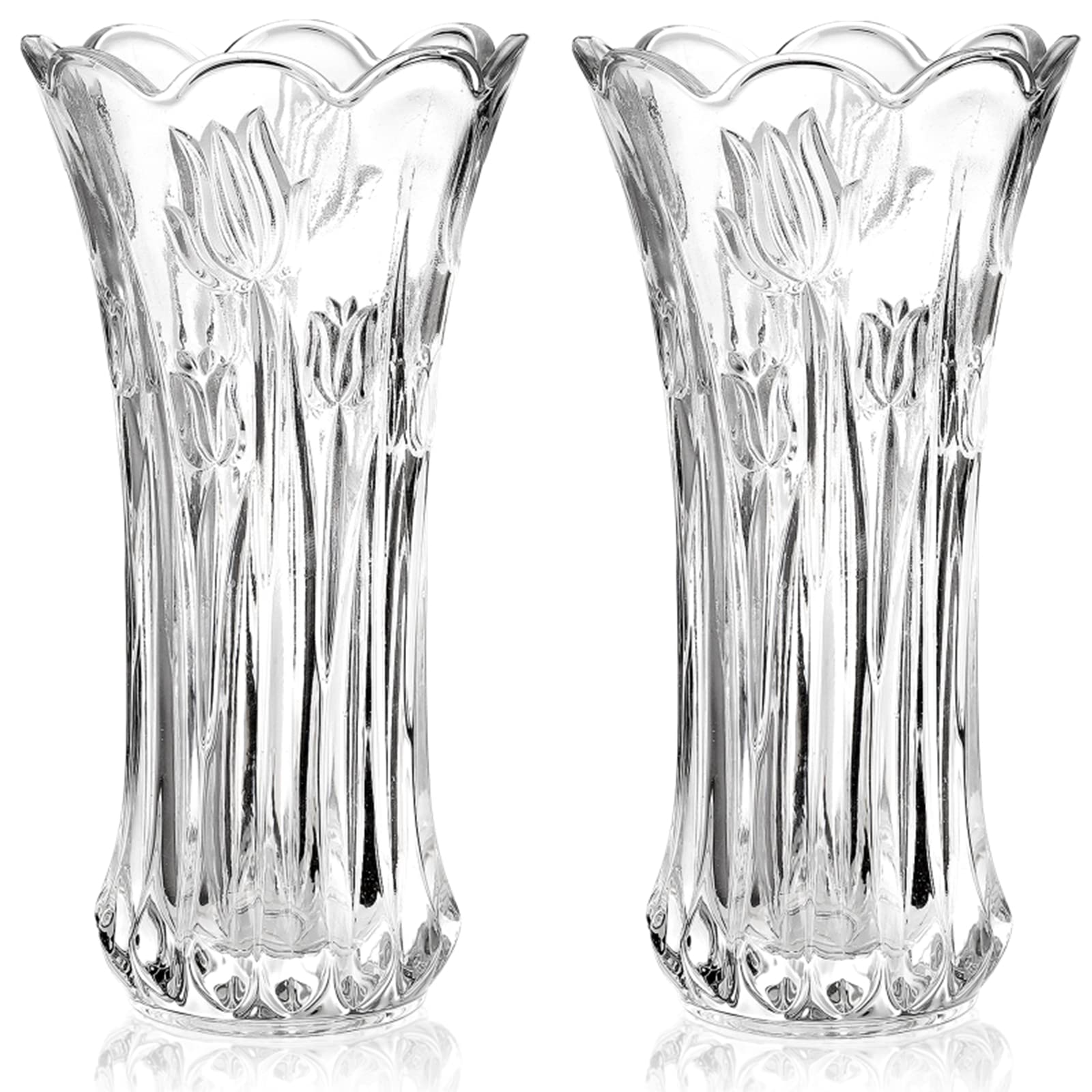 Photo 1 of Dicunoy Set of 2 Glass Flower Vase, 9.5" Large Flower Vases for Centerpieces, Modern Clear Heavy Duty Crystal Tall Cylinder Flared Vase for Rose Bouquet, Home, Wedding, Living Room, Office