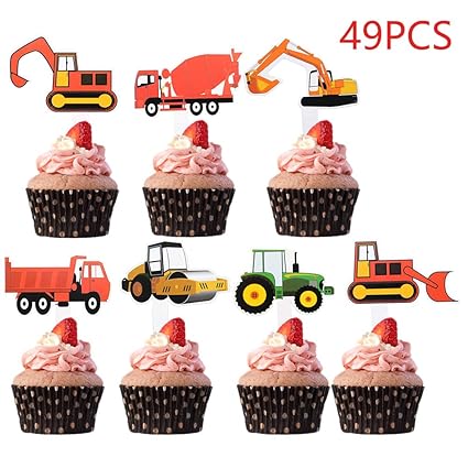 49pcs Construction Cupcake Toppers Dump Truck Excavator Tractor