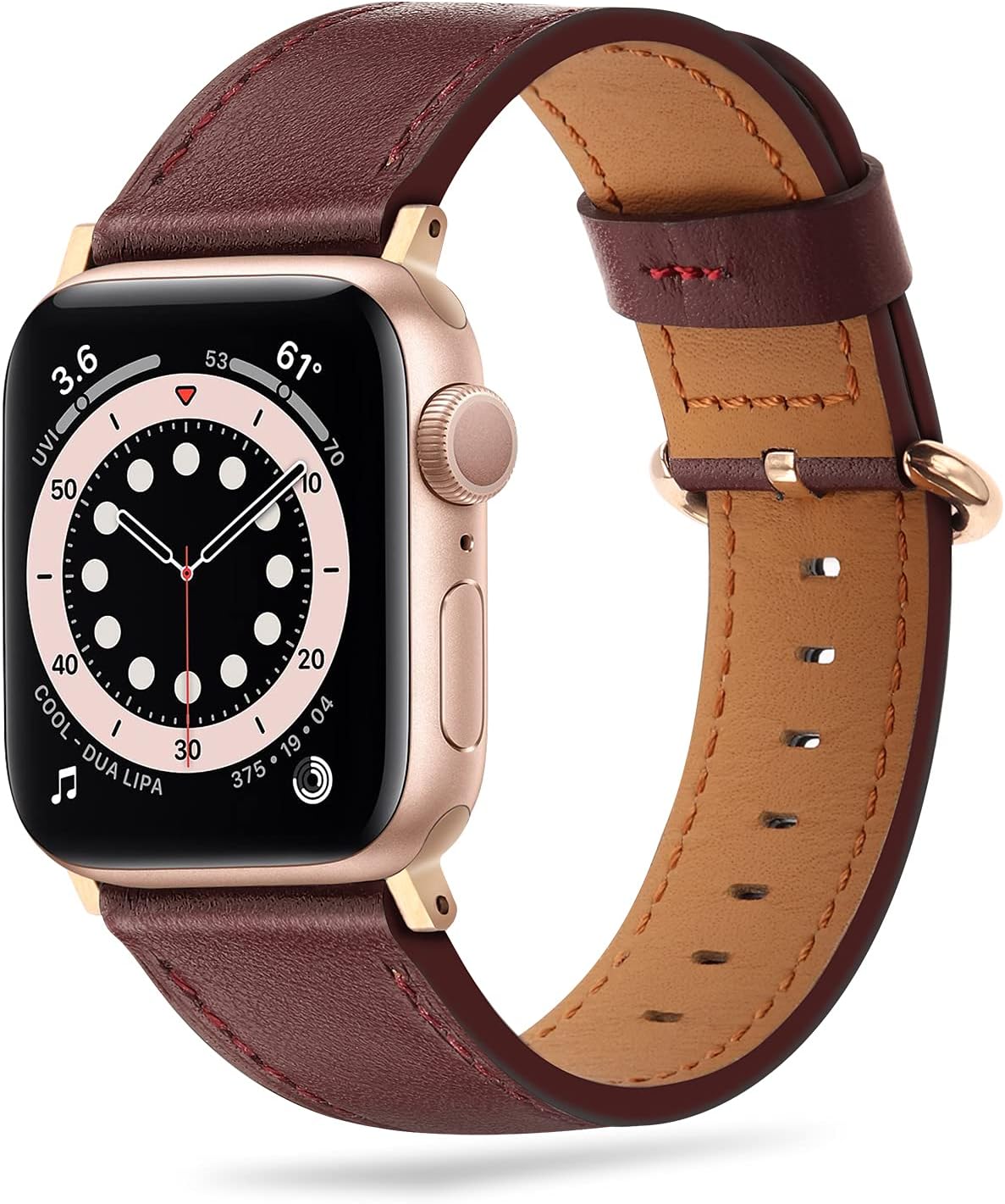 Tasikar Bands Compatible with Apple Watch Band 42mm 44mm, Genuine Leather Women Replacement Band Compatible with Apple Watch SE, Series 6/5/4/3/2/1 (Wine Red Band + Rose Gold Adapter)