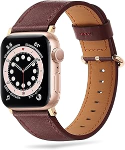 Tasikar Bands Compatible with Apple Watch Band 42mm 44mm, Genuine Leather Women Replacement Band Compatible with Apple Watch SE, Series 6/5/4/3/2/1 (Wine Red Band + Rose Gold Adapter)