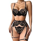 Lilosy Sexy Floral Embroidery Mesh Sheer Underwire Push Up Garter Belt Lingerie Set 3 Piece