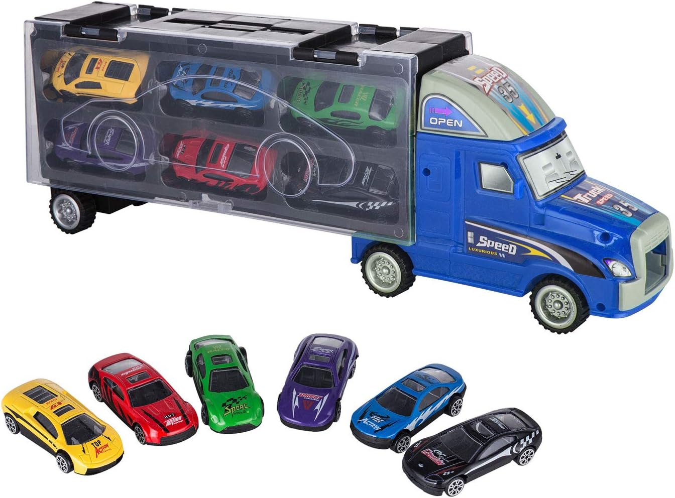 ASTOTSELL Cars Transport Carrier Truck Toy, Car Transporter Paly Vehicles Palysets Motor Vehicle Truck with 12 Colorful Mini Metal Cars for Kids Boys Girls (Blue)