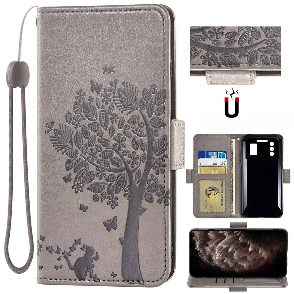 Auotu PU Leather Flip Case with Camera Protection Wallet Mobile Phone Case Cover for IIIF150 B1 / IIIF150 B1 Pro Smartphone (Grey with Tree Pattern) — image 1