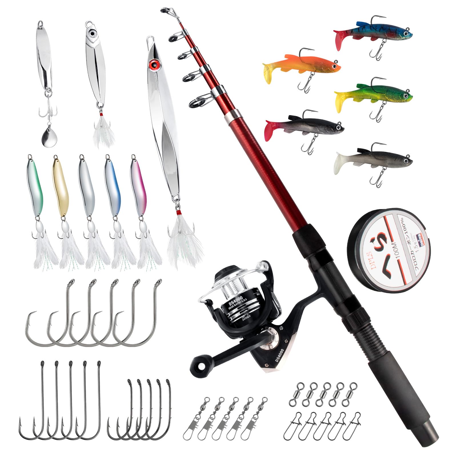 Alwonder Sea Fishing Rod Reel Combo Telescopic Rod 4000 Spinning Reel Combo Set for Saltwater Sea Fishing with Line, Spinner Lures Jig Spoons Kit & Accessories