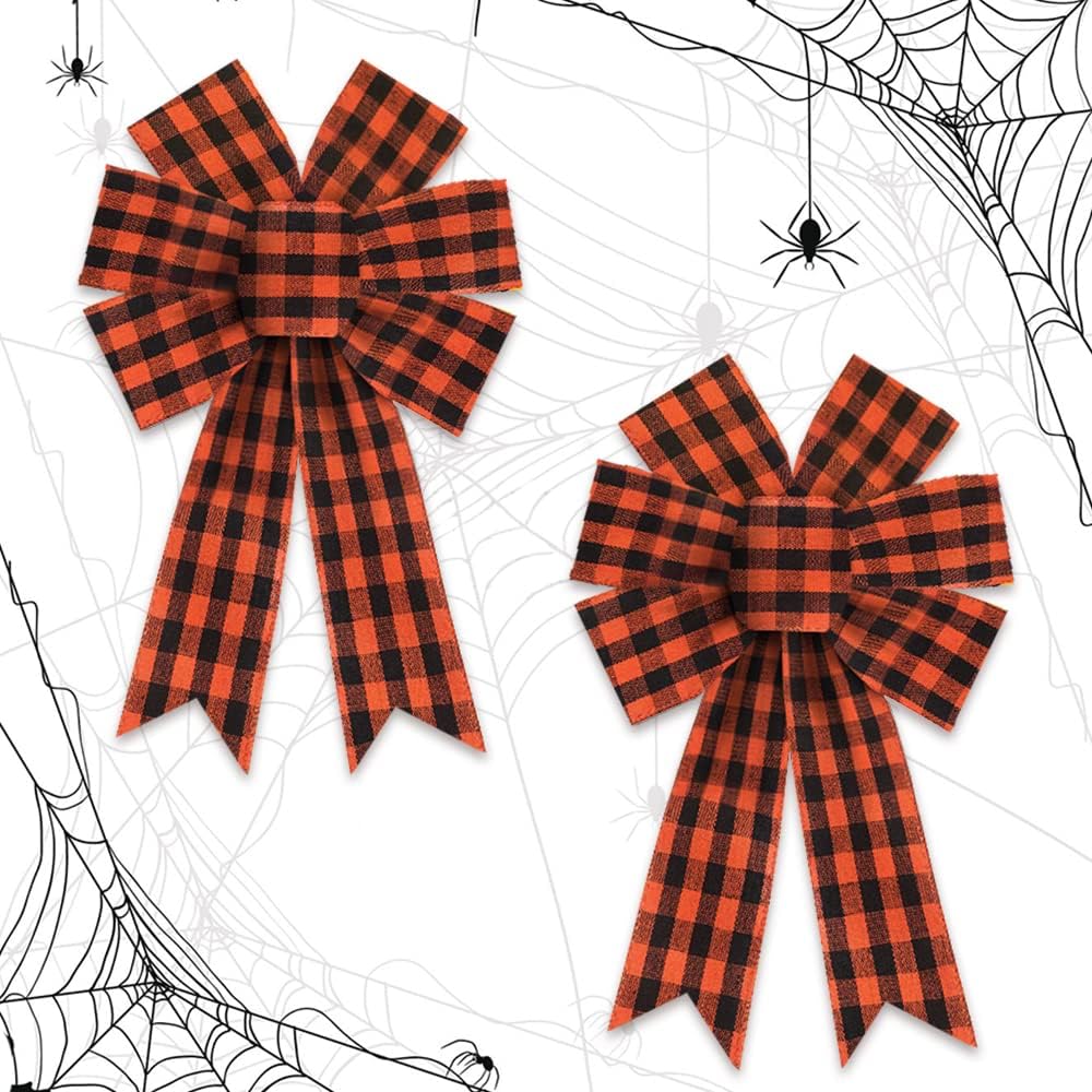 Bows & Ribbons - Heureppy 2pcs Halloween Wreath Bows Decor Bow Orange Buffalo Plaid Burlap for Wreaths, Tree Topper Home Decoration Ornament Supplies