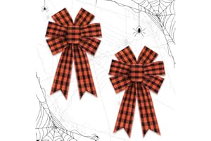 HEUREPPY 2PCS Halloween Wreath Bows Halloween Decor Bows Orange Black Buffalo Plaids Burlap Linen Bows for Wreath, Halloween Fabric Ribbon Bows for Home Party Indoor Outdoor Decoration Wreath Ornament Supplies