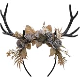 MOSTORY Blue Flower Antler Headband - Woodland Fairy Antlers Headband for Renaissance Accessories Women, Floral Antler Hairba