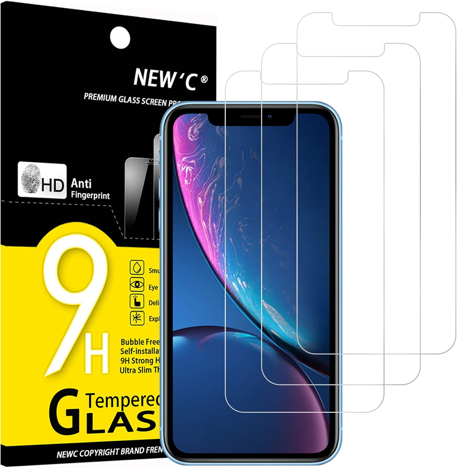 NEW'C 3 Pack Designed for iPhone 11 and iPhone XR Screen Protector (6.1"), Enhanced Tempered Glass Protection