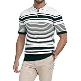 KUYIGO Men's Knit Collared Polo Shirts Short Sleeve Zipper Striped Tops Classic Fit Casual Soft T-Shirt