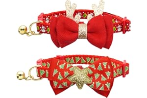 azuza 2 Pack Christmas Cat Collar with Bells Christmas Cat Bowtie with Christmas Tree and Santa Claus Pattern Xmas Breakaway Cat Collar Size Adjustable from 8"-12"