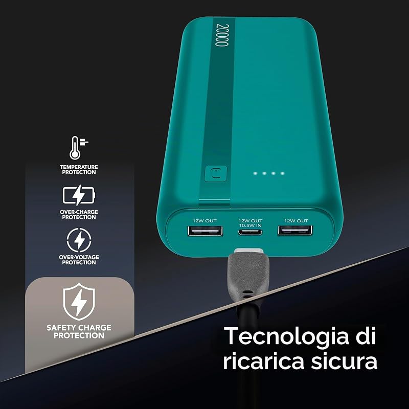 Power Bank 20000 mAh con USB-C In/Out + 2 Porte USB-A - Ricarica Multipla e LED Indicatore - Verde