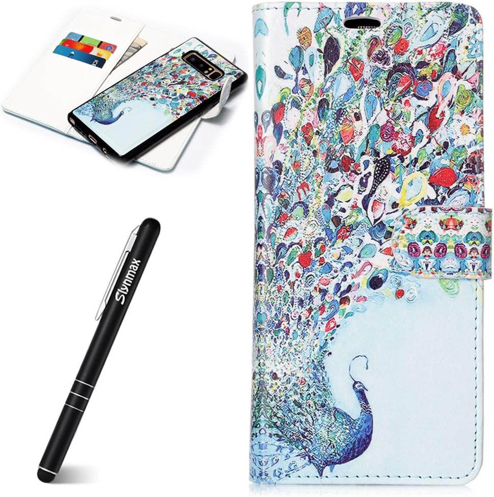 Phone Case for Samsung Galaxy Note 8, Slynmax Flip 2 in 1 Folio Detachable Wallet+ Silicone Soft Back Cover Magnetic Clape Card Holder Slim Fit Peacock Design Shockproof Protective Shell
