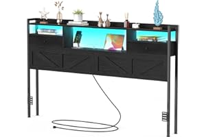 SANXUO King Size Headboard with Drawers, Outlets & USB Ports,Sturdy Wood Bed Frame with Adjustable Height, Built-in LED Lighting (Black, King 75.2 * 7.08 * 45.7)