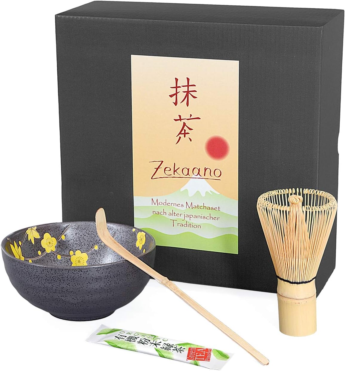 Matcha Set of 3, Grey Yellow, Includes Matcha Bowl, Matcha Spoon and Bamboo Matcha Whisk (Set in a Gift Box. Aricola®