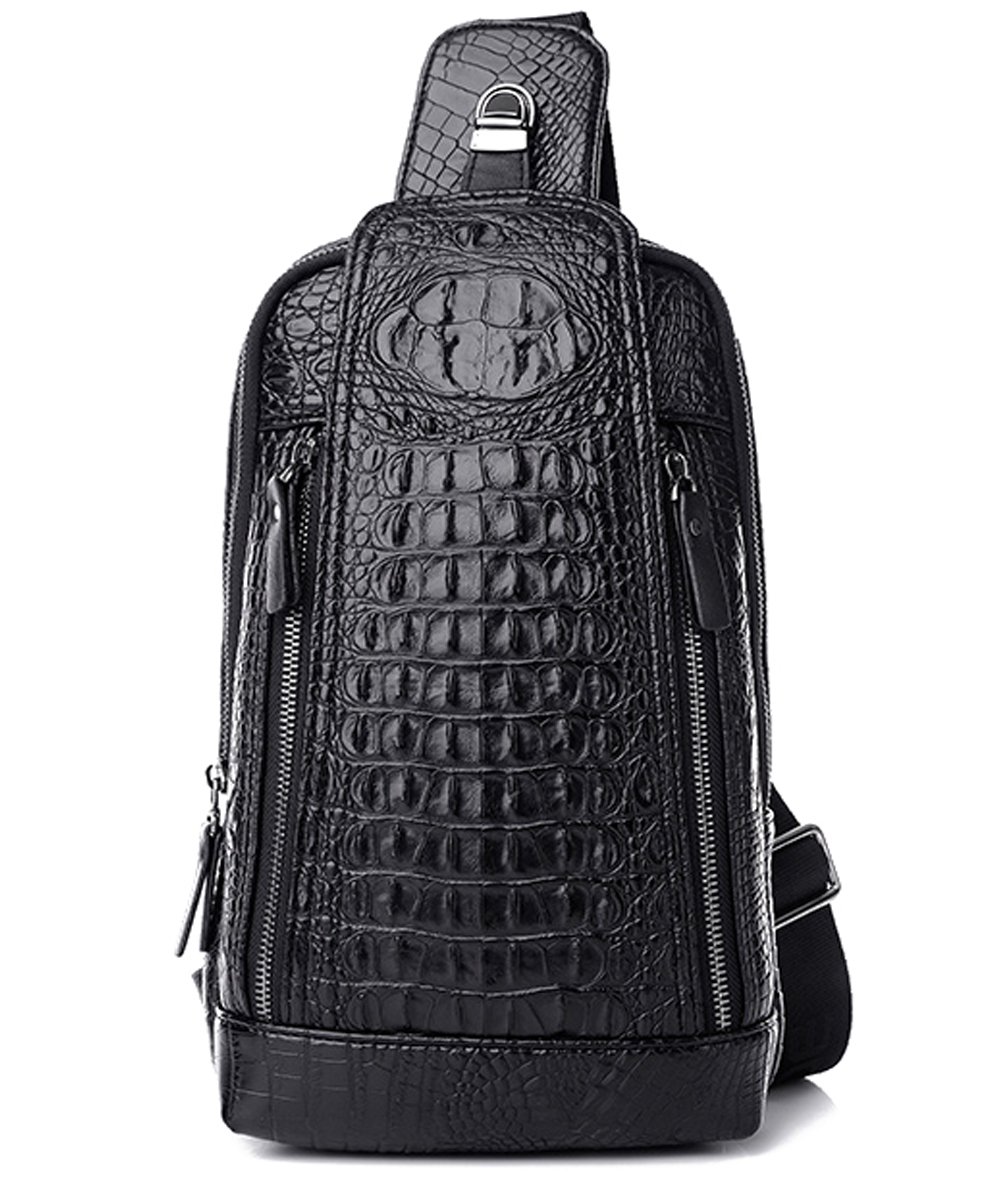 FiveloveTwo Mens Sling Bags Crocodile Leather Multipurpose Outdoor Shoulder Crossbody Chest Bag Satchels Hiking School Daypack, 1, Black