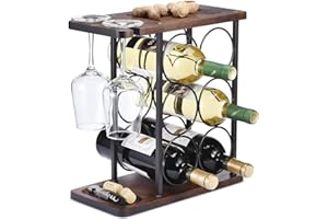 Countertop Wine Rack, Metal & Wooden Wine Holder Freestanding Wine Storage for 6 Bottles and 2 Glasses for Home Kitchen Bar