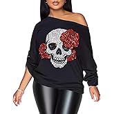 PESION Womens Off The Shoulder Tops Sexy Shiny Metallic Shirts Long Sleeves Fashion Graphic T-Shirts Blouses