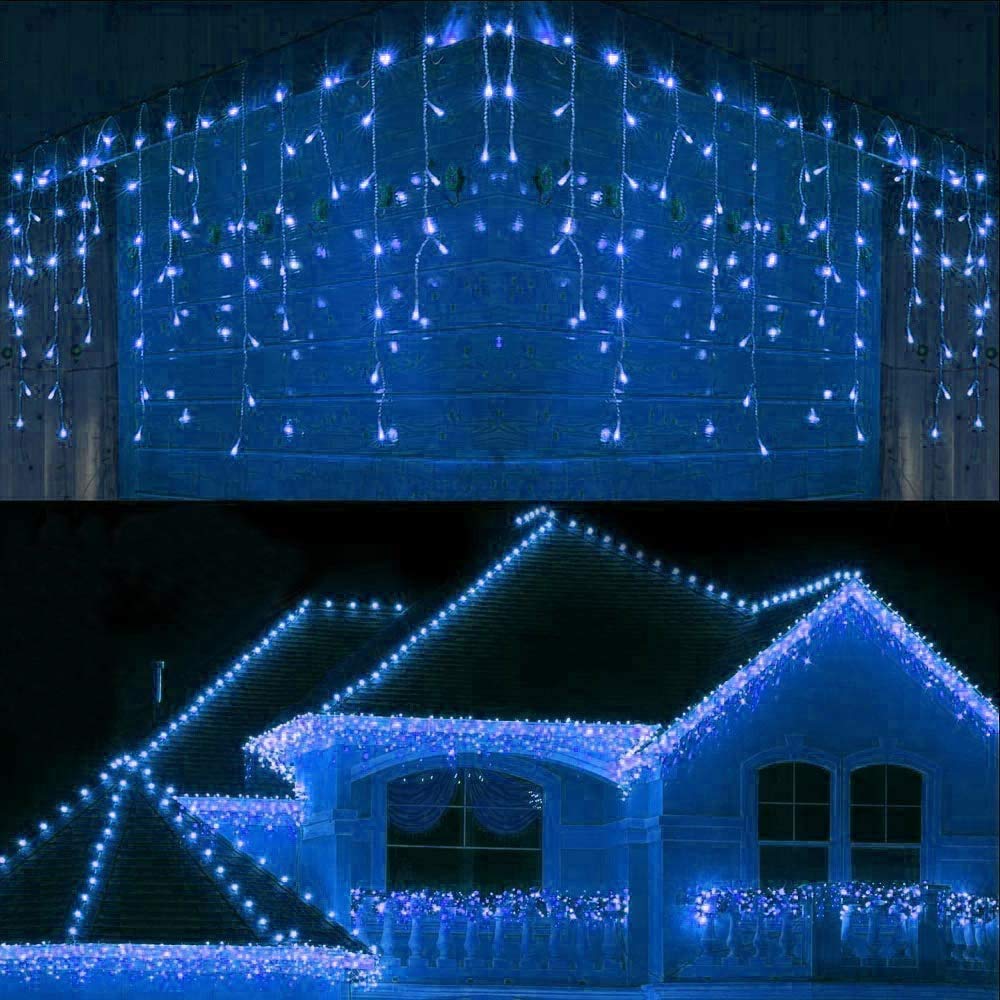 240LEDs Waterfall Icicle Christmas Lights Blue - Multifunction 8 Modes, Timer Clear Cable Indoor/Outdoor Low Voltage Waterproof Curtain Light Christmas Decoration — image 1