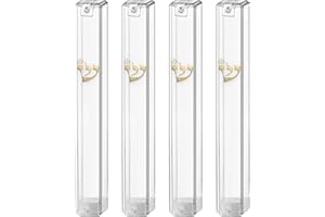 Ateret Judaica 4 Pack Waterproof Clear Transparent Plastic Mezuzah Case with shin Gold | Fit up to 5'' / 12 cm Mezuzah Scroll. Israeli Import | Easy Peel and Stick (Scroll Not Included)