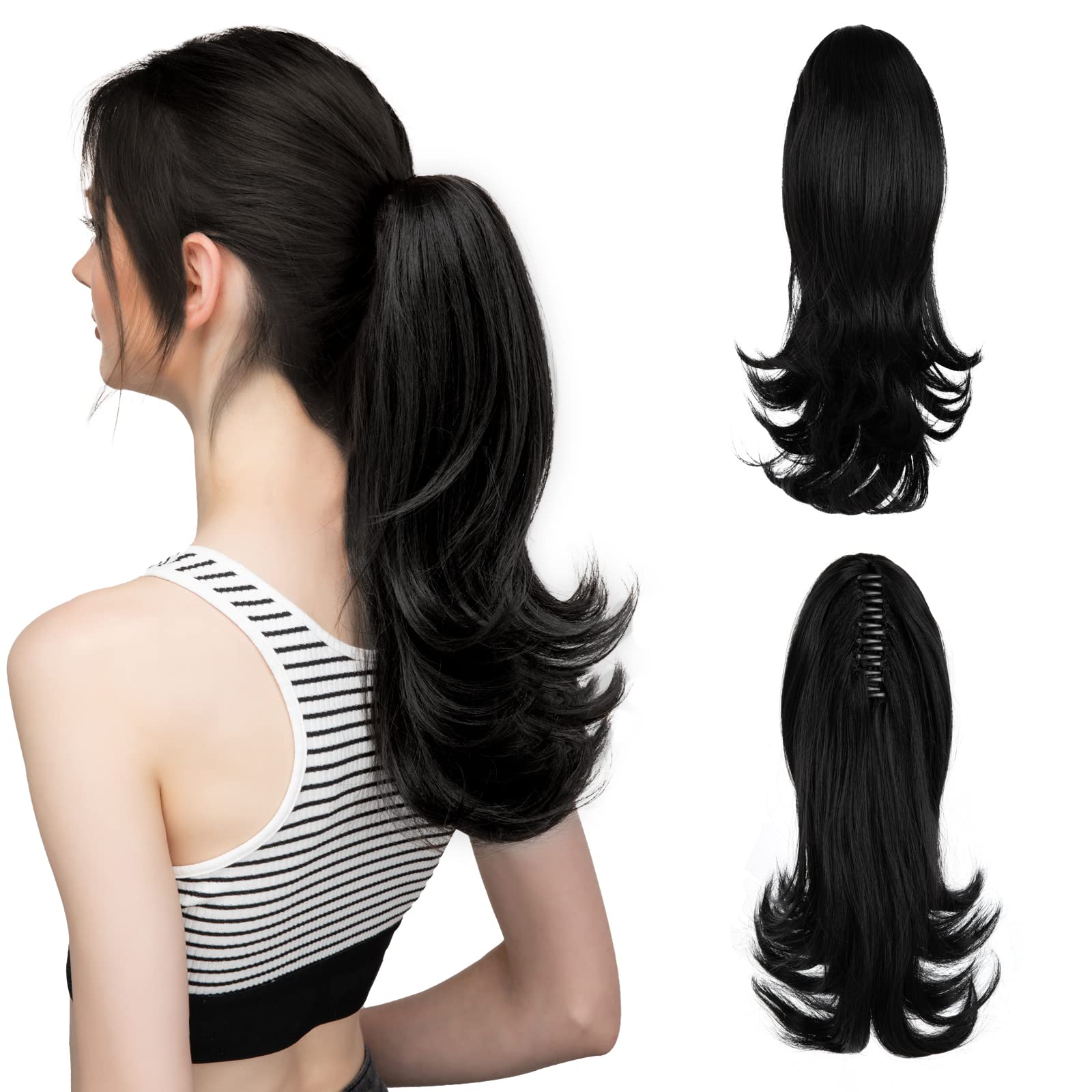 CJL HAIR Short Claw Clip Ponytail Hair Extension Drawstring Synthetic Fake Hairpiece for Women 14" Straight Ponytail with End Curls Jet Black