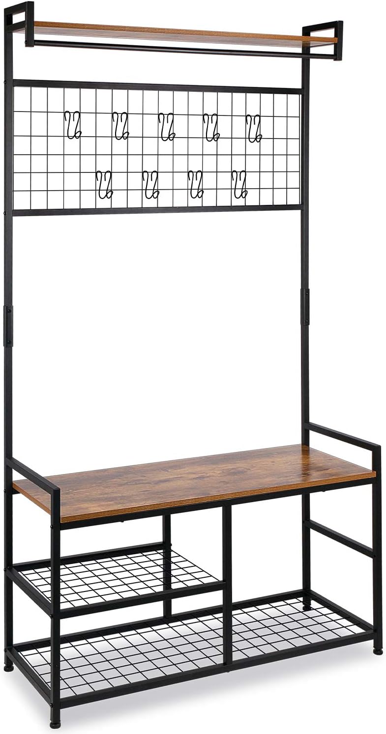 hallway shoe bench on Entryway Furniture Metal Frame Bf33mt01 Industrial Entryway Bench Hoobro Coat Rack Shoe Bench Living Room Large Hall Tree With 3 Storage Boxes Top Storage Shelf And 12 Hooks 4 In 1 Design In Hallway