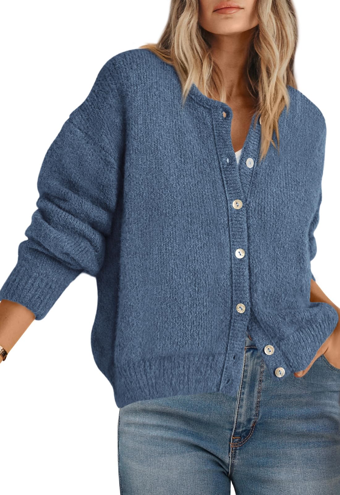 Photo 1 of PRETTYGARDEN Long Sleeve Crewneck Button Down Womens Sweaters Fall Open Front Chunky Cardigan Sweaters for Women 2025 (Grey Blue, Medium)
