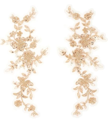 Paire D'appliques En Dentelle à Paillettes Dorées - Patchs Brodés Fleuris 24x9 Cm - Pour Customiser Vêtements