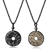 COAIMandarin Ducks Dragon Phoenix Obsidian Donut Pendant Necklace