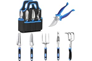 Garden Tools Set, JUMPHIGH 7 Piece Heavy Duty Gardening Tools Includes Hand Trowel Rake Weeder Pruner Shears, Aluminum Alloy Garden Kit with Garden Tote, Gardening Gifts for Men Women