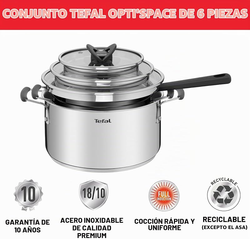 G7376S Opti'Space - Conjunto de panelas (6 peças, 16 cm (inclui tampa), 20/24 cm (inclui tampa), aço inoxidável, base termofusível, para todos os tipos de fogos, indução, cor cinzenta