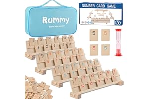 Wooderma Wooden Rummy Game, Rummy Cube Game with Portable Storage Bag, Travel Rummy Game Set with 106 Tiles, 4 Playing Rack, 1 Timer (2-4 Players)