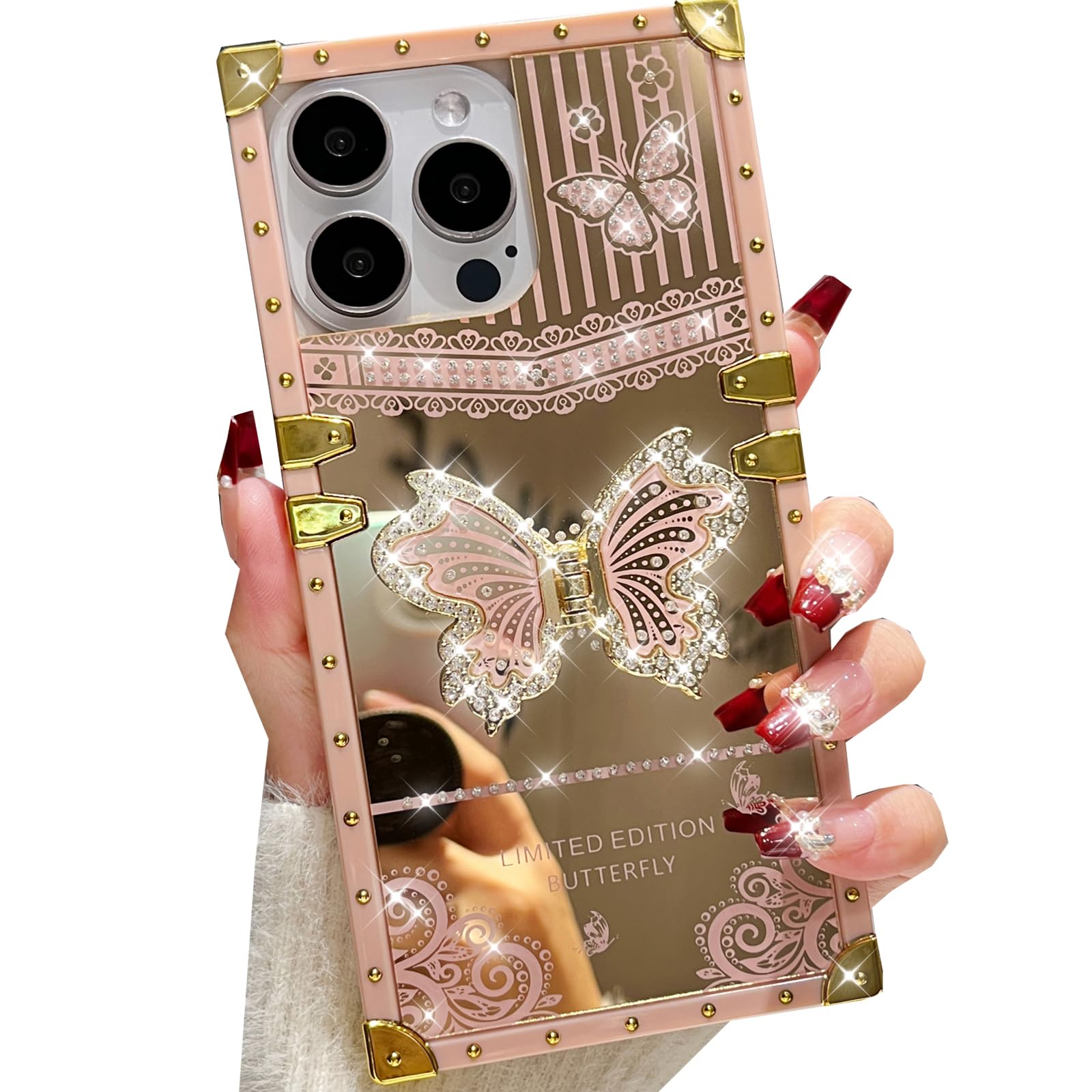 Photo 1 of Changjia Glitter Kickstand Case for iPhone 16 Pro,Cute Luxury Bling Sparkly Rhinestones Butterfly Foldable Stand Elegant Mirror Shockproof Protective Case for Women Girls for iPhone 16 Pro 6.3", Pink
