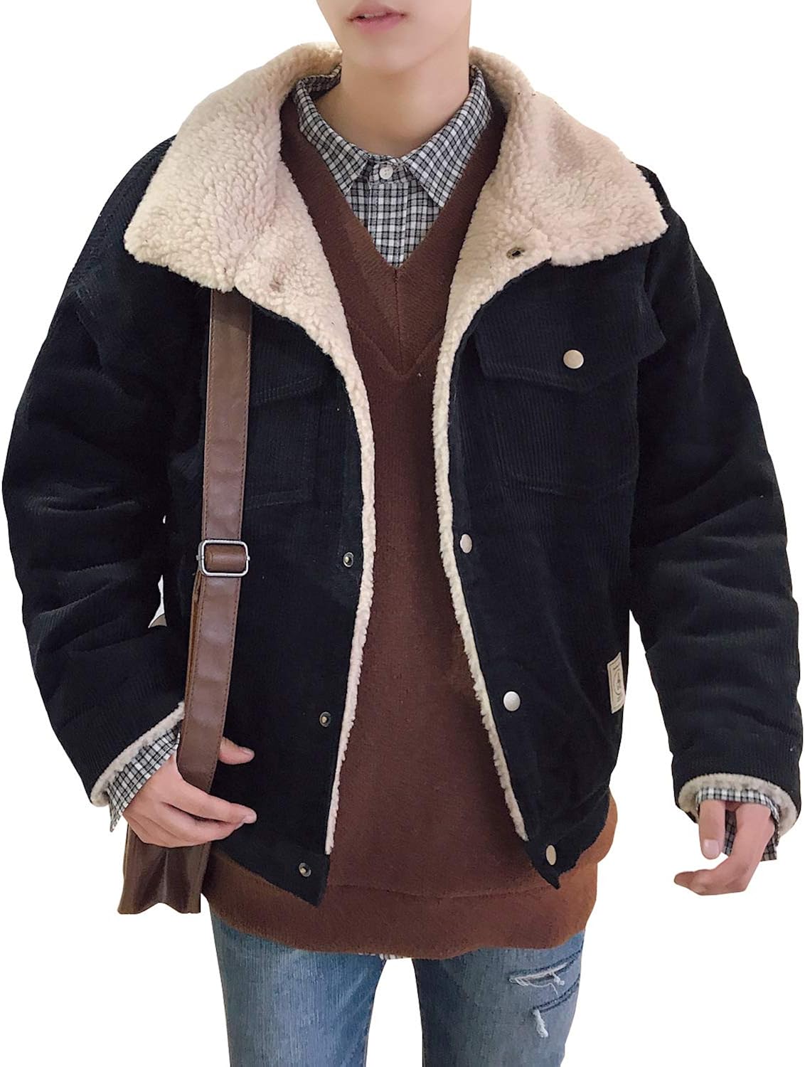 Men's Vintage Loose Sherpa Lined Shearling Corduroy Trucker Jacket at
