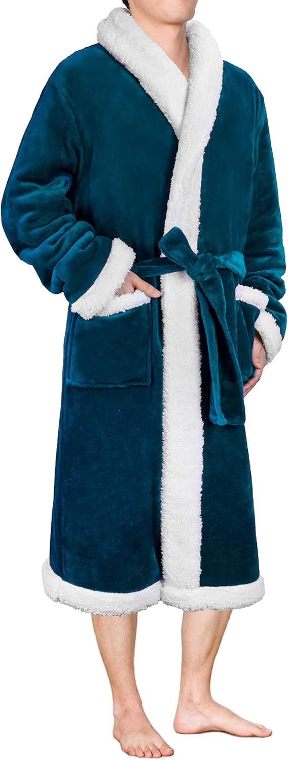 Men’s Plush Fleece Sherpa Robe | Soft, Warm, Microfiber Spa Bathrobe for Men Sherpa Sea Blue at  Men’s Clothing store
